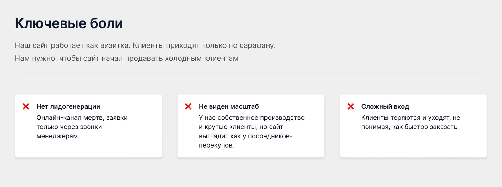 Ключевые боли: нет лидогенерации, не виден масштаб, сложный вход